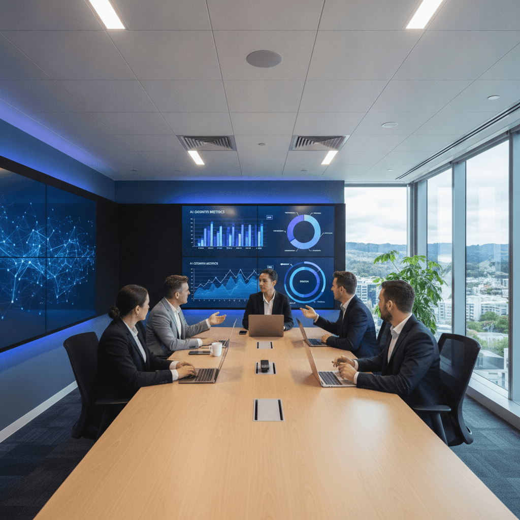 AI agency team meeting discussing strategy in New Zealand office