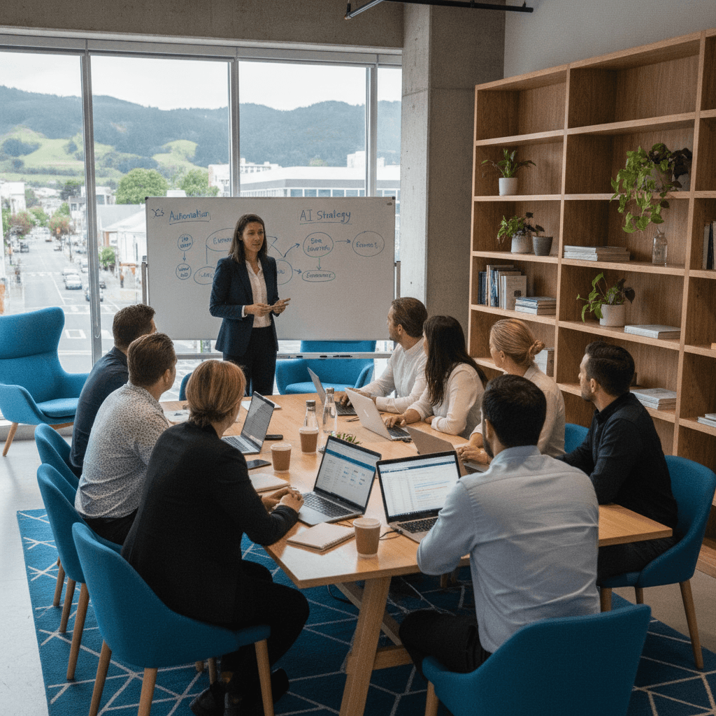 AI consultant presenting strategy to small business owners in New Zealand