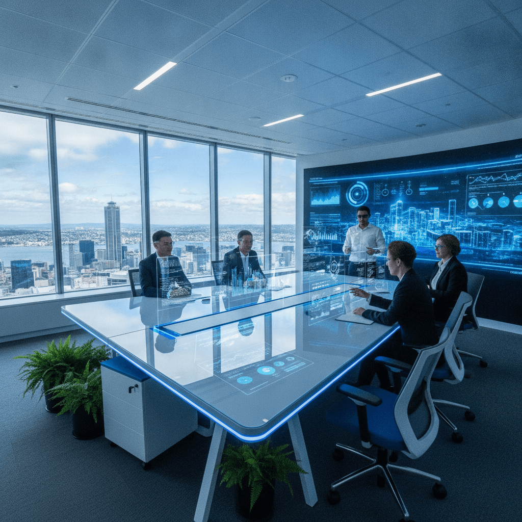 Best AI agencies in New Zealand - team collaborating with AI technology